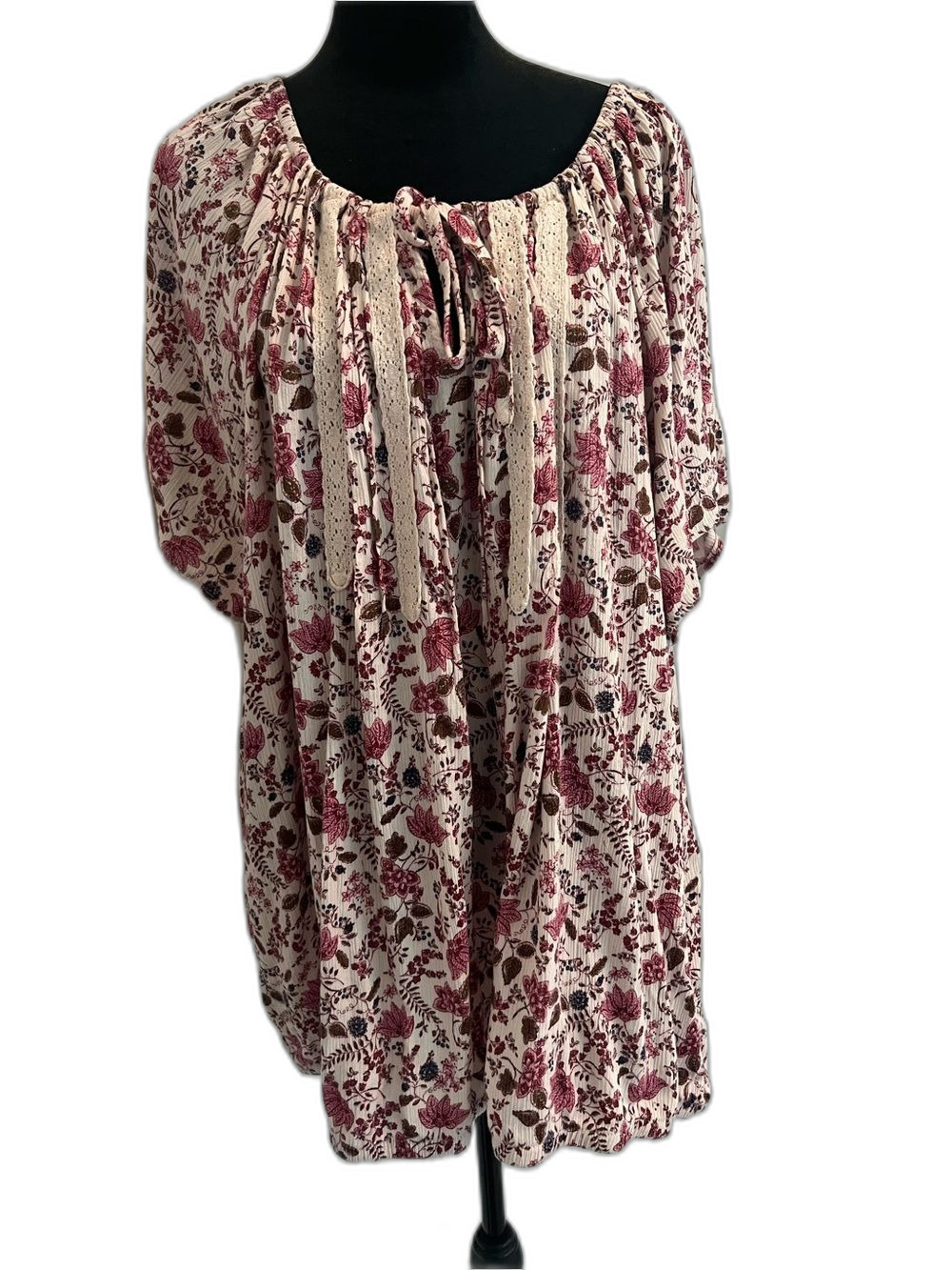 Floral Boho Tunic Top Size 3 Burgundy Cream Crochet Lace Dolman Sleeves